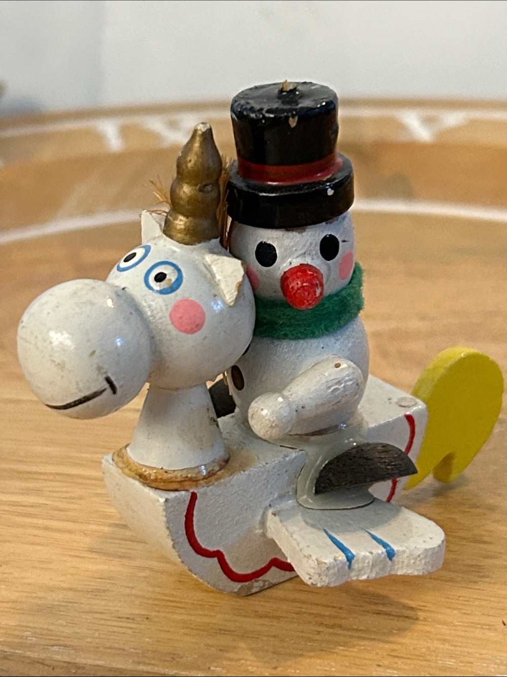 Vintage Wooden Snowman on Unicorn Christmas tree ornament made Taiwan